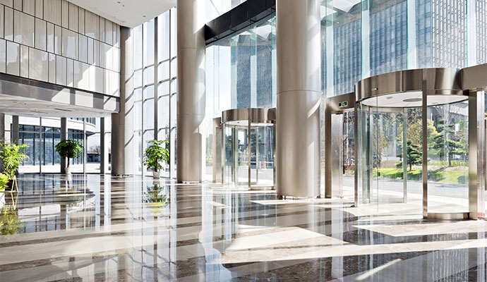 A clean bright and spacious commercial building lobby 
