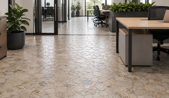 A office interior with polished stone flooring