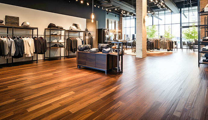 A retail clothing store interior with polished dark hardwood floor