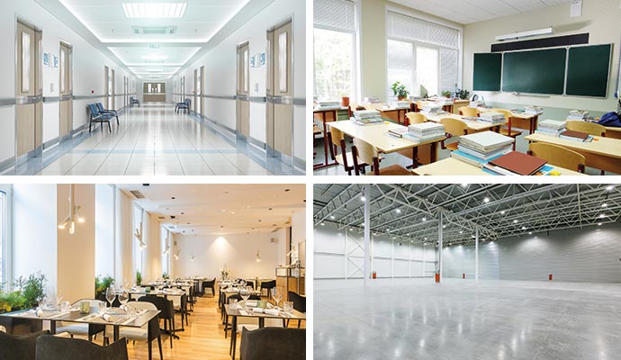 Collage of clean hospital hallway, classroom, restaurant and warehouse