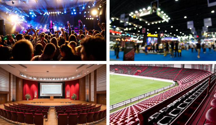 Collage of concert, convention hall, trade show, and stadium