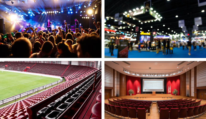 Collage of concert, stadium, trade show, and convention hall