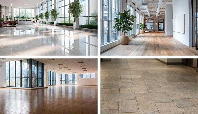 Collage of different types of clean floors in commercial buildings