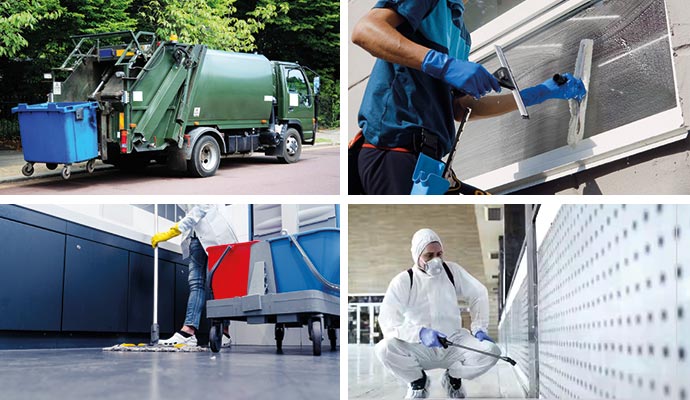 Collage of garbage truck, window cleaning, floor cleaning and disinfecting service