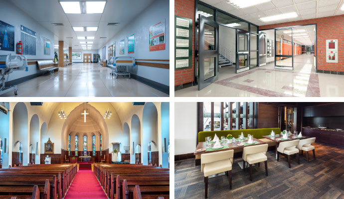 Collage of hospital, church, college, and restaurant