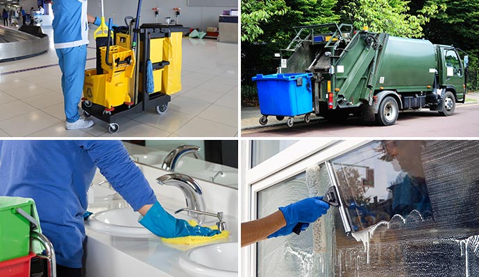 Collage of janitorial cleaning and sanitation services