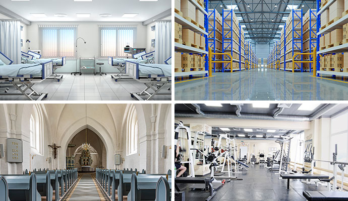 Collage of multiple clean commercial spaces including hospital, warehouse, church and fitness center