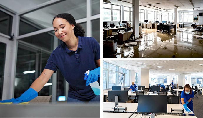 Collage of nightly office cleaning service, water damaged office space and janitorial service