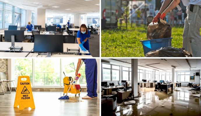 Collage of office cleaning service, event cleaning service, floor cleaning service and water damaged office area