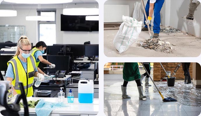A collage of office cleanup, construction and floor cleaning service