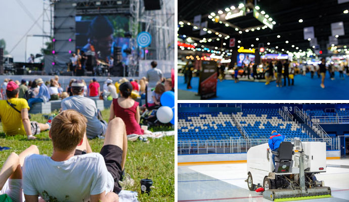 Collage of outdoor concert, trade show and sports arena cleaning