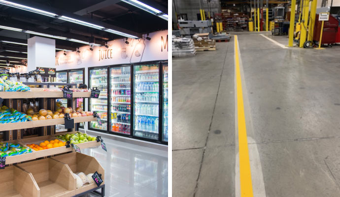 Collage of clean retail stores and warehouse