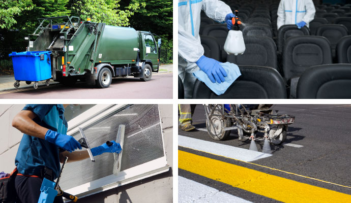 Collage of trash pickup, window washing, disinfecting service, and parking lot striping