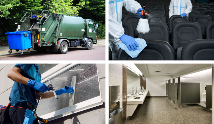 Collage of trash pickup, window washing, disinfecting service, and restroom cleaning