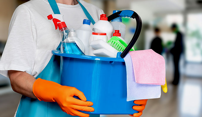 A professional holding a caddy filled with cleaning supplies.