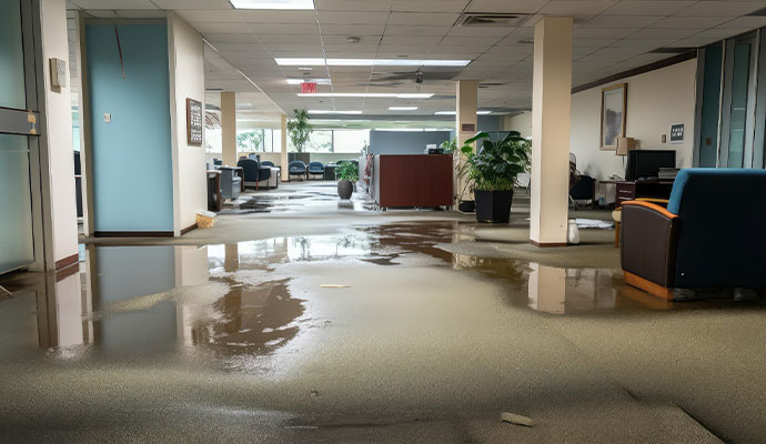 A flooded commercial office space in DeSoto with significant standing water covering the carpet and reflecting office furniture.