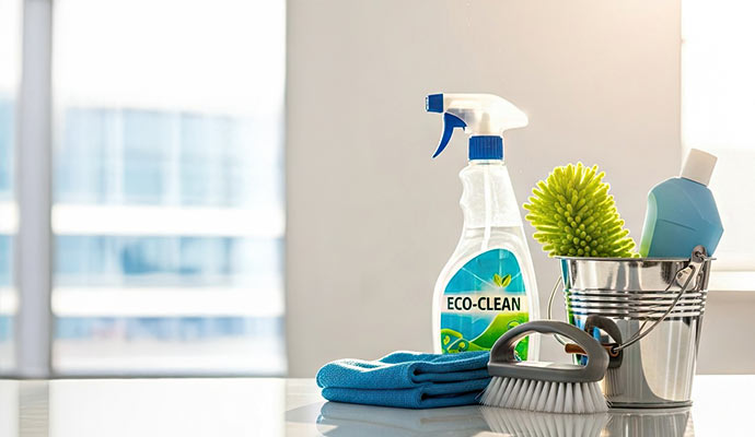 A set of professional eco-friendly cleaning supplies including a green-labeled spray bottle, microfiber cloths, and brushes on a clean surface