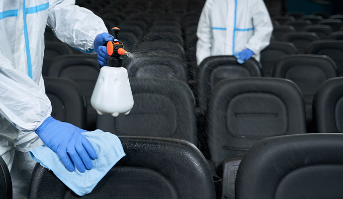 A worker in a hazmat suit and blue gloves spraying disinfectant on black auditorium seats