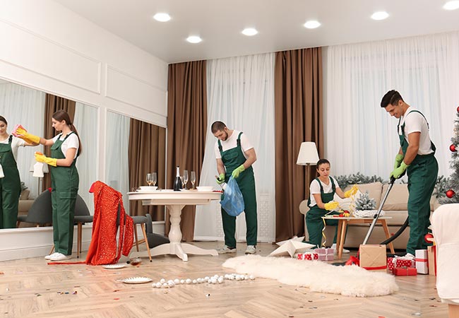 festival janitorial service team working in messy room after new year party