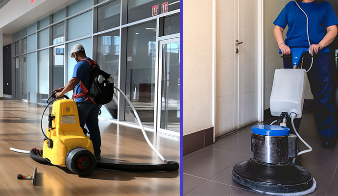 Janitorial service cleaning and polishing floors.