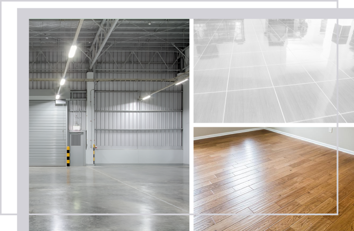 Various cleaned floors collage including tile, wood, and concrete floors