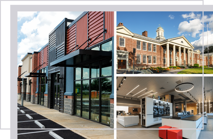 Cleaned and organized exterior of retail store, showroom floor, and school outdoor areas