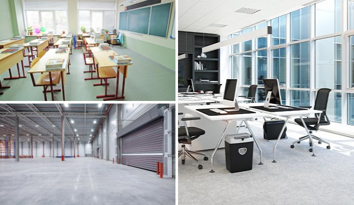 Cleaned floor collage featuring school classroom, office space, and warehouse area