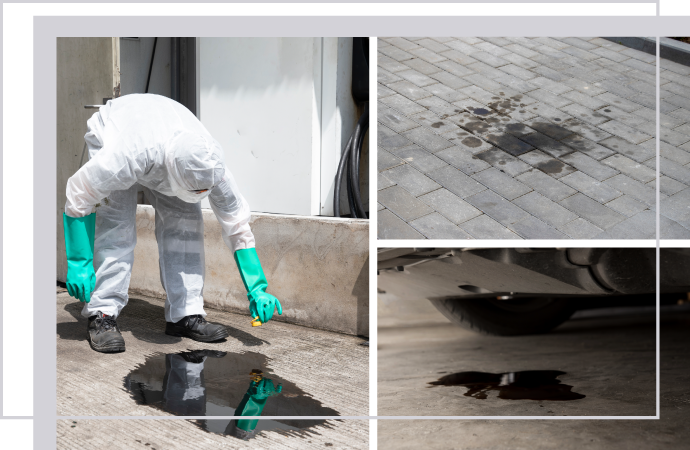 Collage of oil stains and grease spots in multiple areas needing cleaning