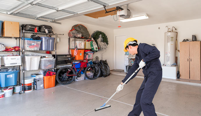 Person cleaning garage floor with equipment