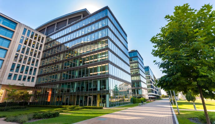 Professional office complex modern architectured building in a green area