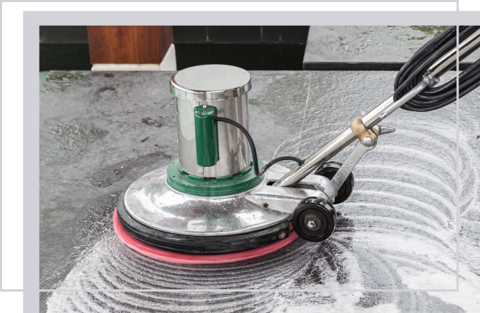 Professional stone floor cleaning process using equipment