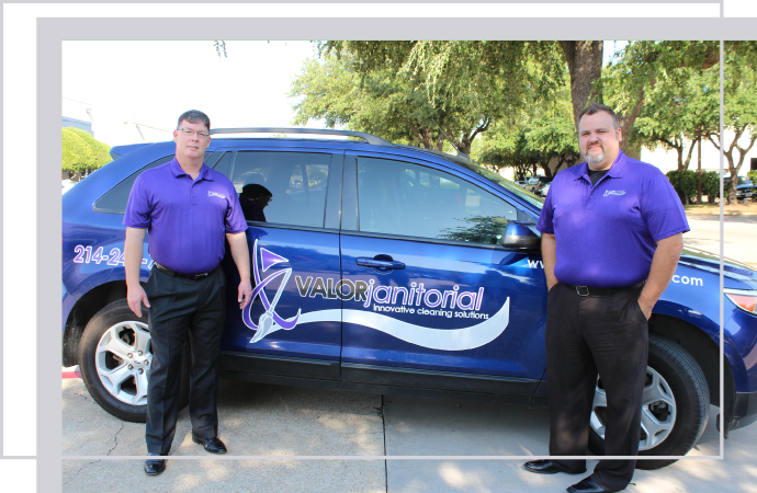 Team of Valor Janitorial workers with company service van ready for cleaning jobs