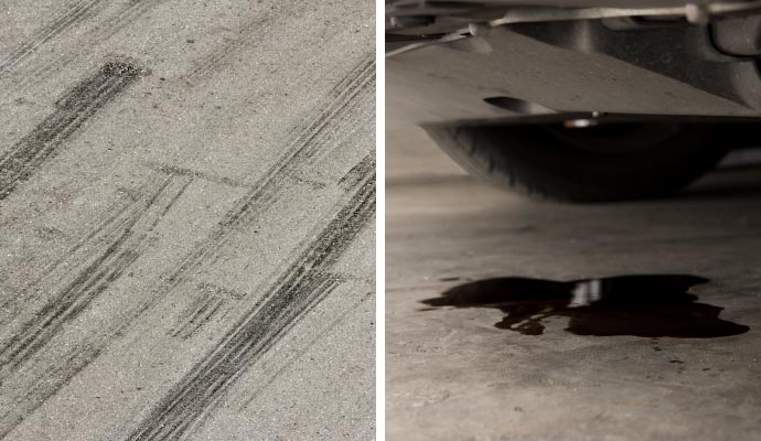 Collage of tire marks and oil stains in warehouse floor