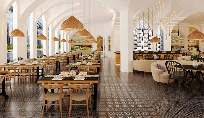 Clean restaurant interior features set dining tables