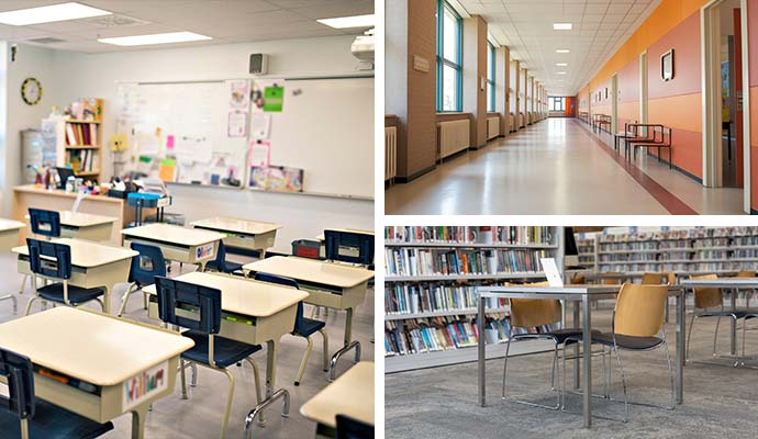 Clean school classroom, hallway, and library spaces