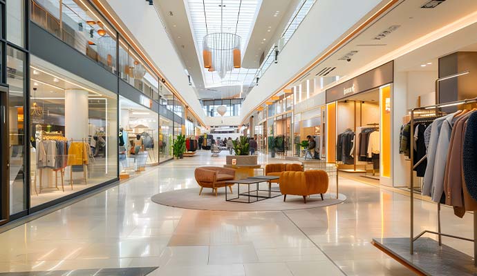 Clean shopping mall corridor with retail stores