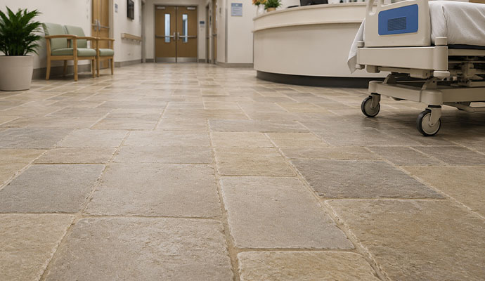 Clean stone tile floor in a healthcare hallway