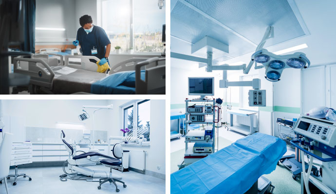 Collage showing hospital room cleaning, dental clinic, and surgical center