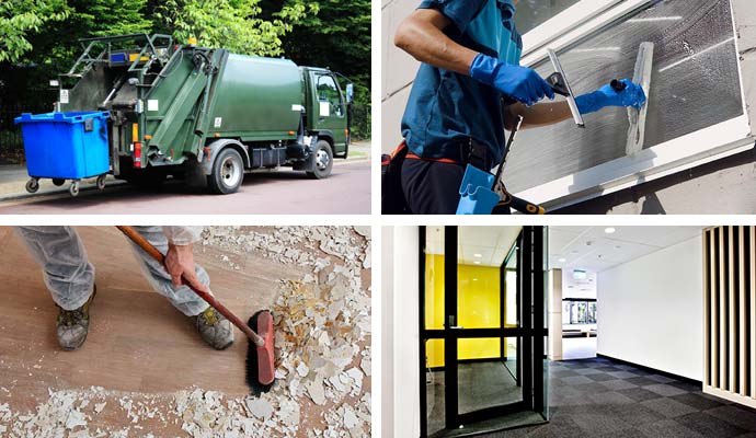 Collage of trash pickup, window washing, construction cleanup, and clean carpet on commercial space