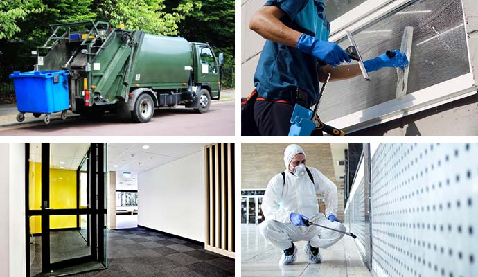 Collage of trash pickup, window washing, office cleaning, and disinfecting services