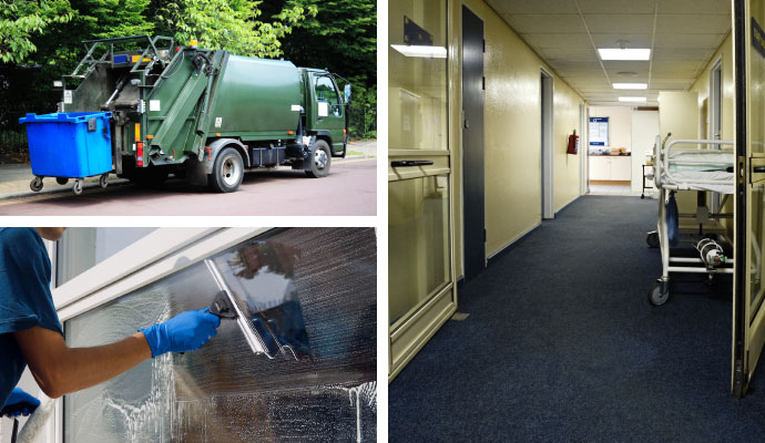 Collage of trash truck, worker cleaning window, and a hospital hallway
