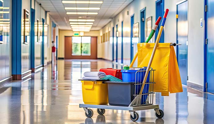 Janitorial cleaning items in a school corridor