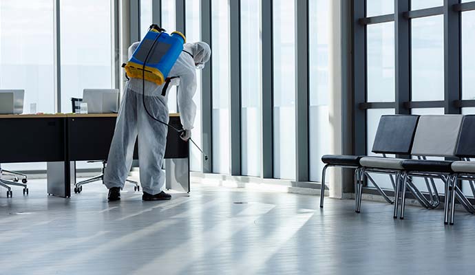 Professional spraying disinfectant in an office space