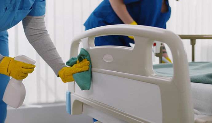 Staff wiping down and disinfecting a hospital bed