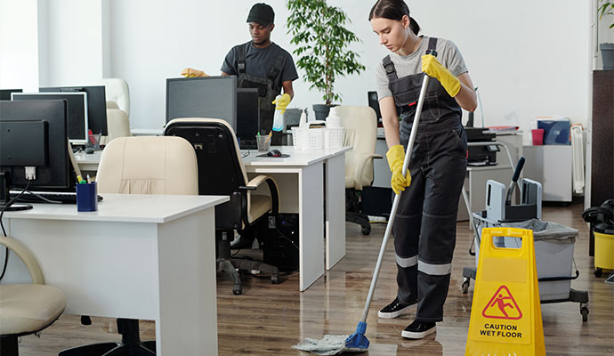 Professional cleaners providing janitorial service in a commercial space