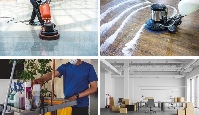 Collage of floor scrubbing and cleaning using equipment, person handling cleaning supplies and clean office space