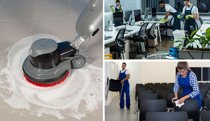 Collage of multiple office cleaning services including floor and furniture cleaning
