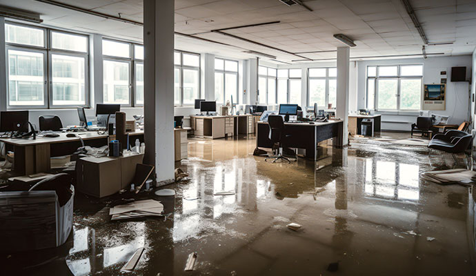 Water damaged office interior with wet floors and damaged furniture