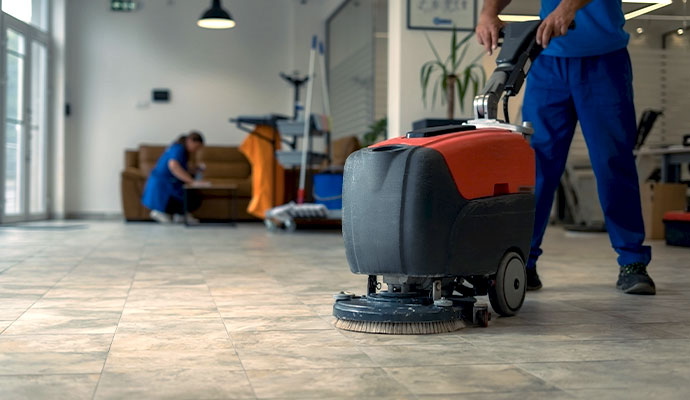 An industrial scrubber cleaning a large concrete lobby floor.