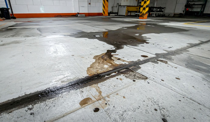 Large dark oil stains on a grey concrete garage floor.